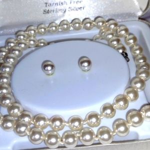 .925 Cultured Pearl Necklace Set Pearl Stud Earrings 16"  6mm NWT